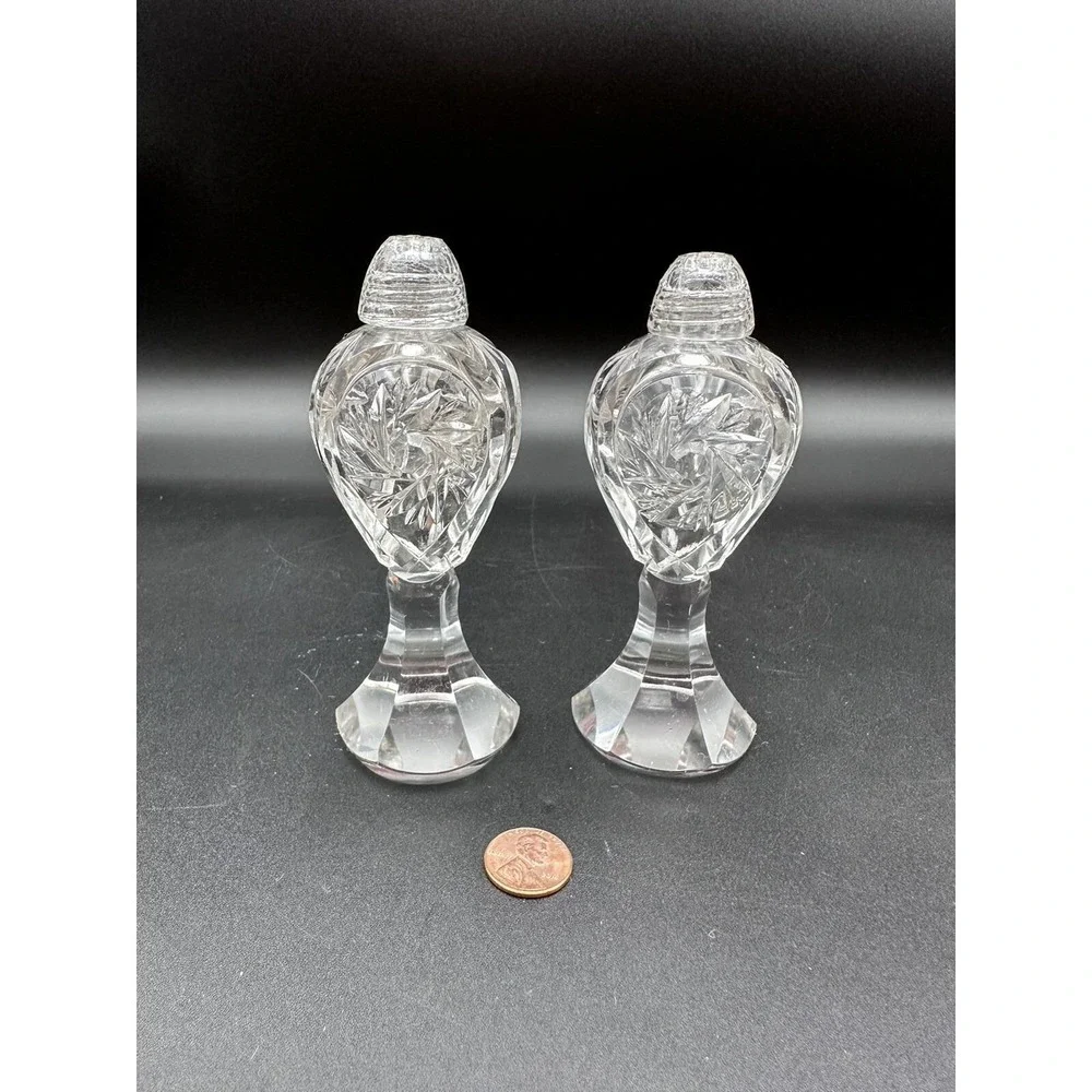 Vintage Cut Clear Crystal‎ Bohemian Glass Pedestal Salt & Pepper Shaker Set